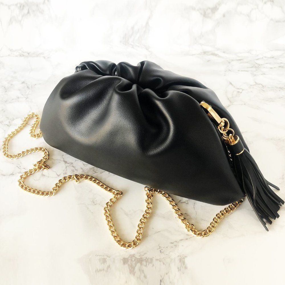Understated Leather Crescent Clutch / Gold Curb Chain Shoulder Bag in Onyx